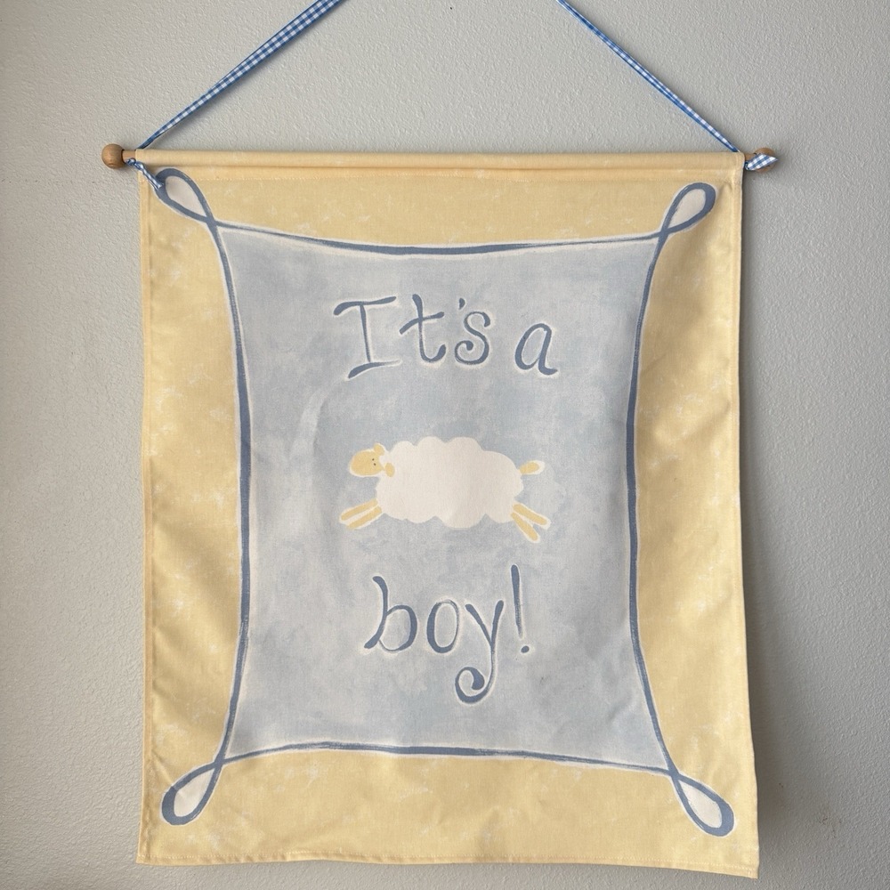 Vtg Y2k Pottery Barn Kids Baby Boy Sheep Canvas Wall Hanging‎ Art Banner Decor